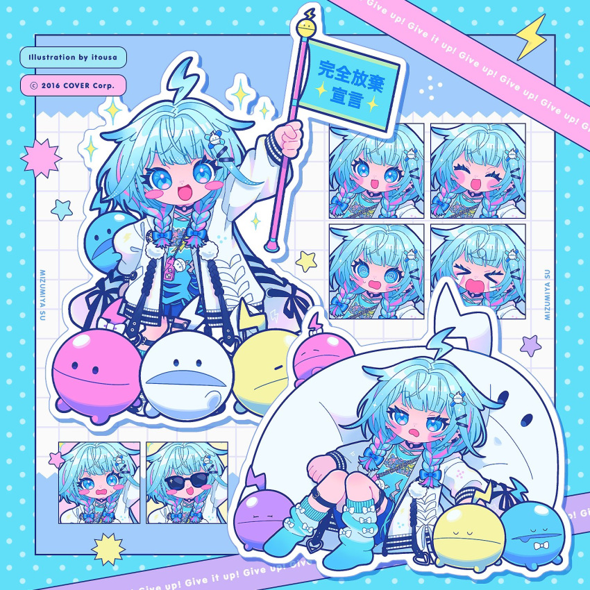 1girl, :d, arm_up, black_choker, blue_bow, blue_eyes, blue_hair, blue_shirt