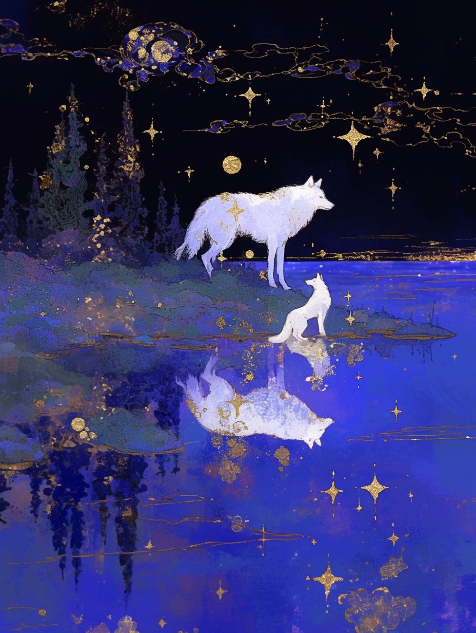 commentary, english_commentary, fir_tree, highres, momowaaai, moon, night, no_humans, original, reflection, reflective_water, star_(symbol), tree, white_wolf, wolf