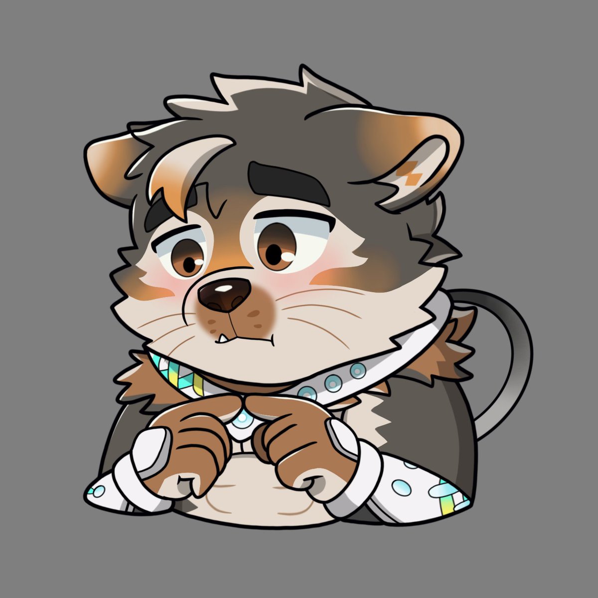 1boy, animal_ears, blush, brown_eyes, brown_fur, chibi, closed_mouth, dog_boy, dog_ears, dog_nose, english_commentary, fang, gauntlets, grey_background, highres, hood, hooded_jacket, jacket, live_a_hero, looking_down, shirt, shy, sterio_(live_a_hero), thick_eyebrows, whiskers, yojanmarrion