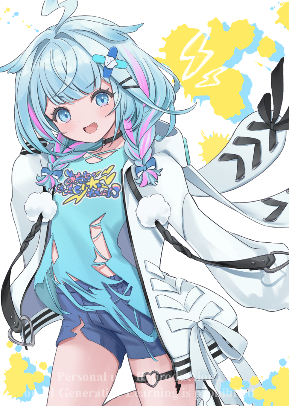 1girl, :d, blue_eyes, blue_hair, blue_shirt, braid, chabo_(x_xhauntedx_x), choker