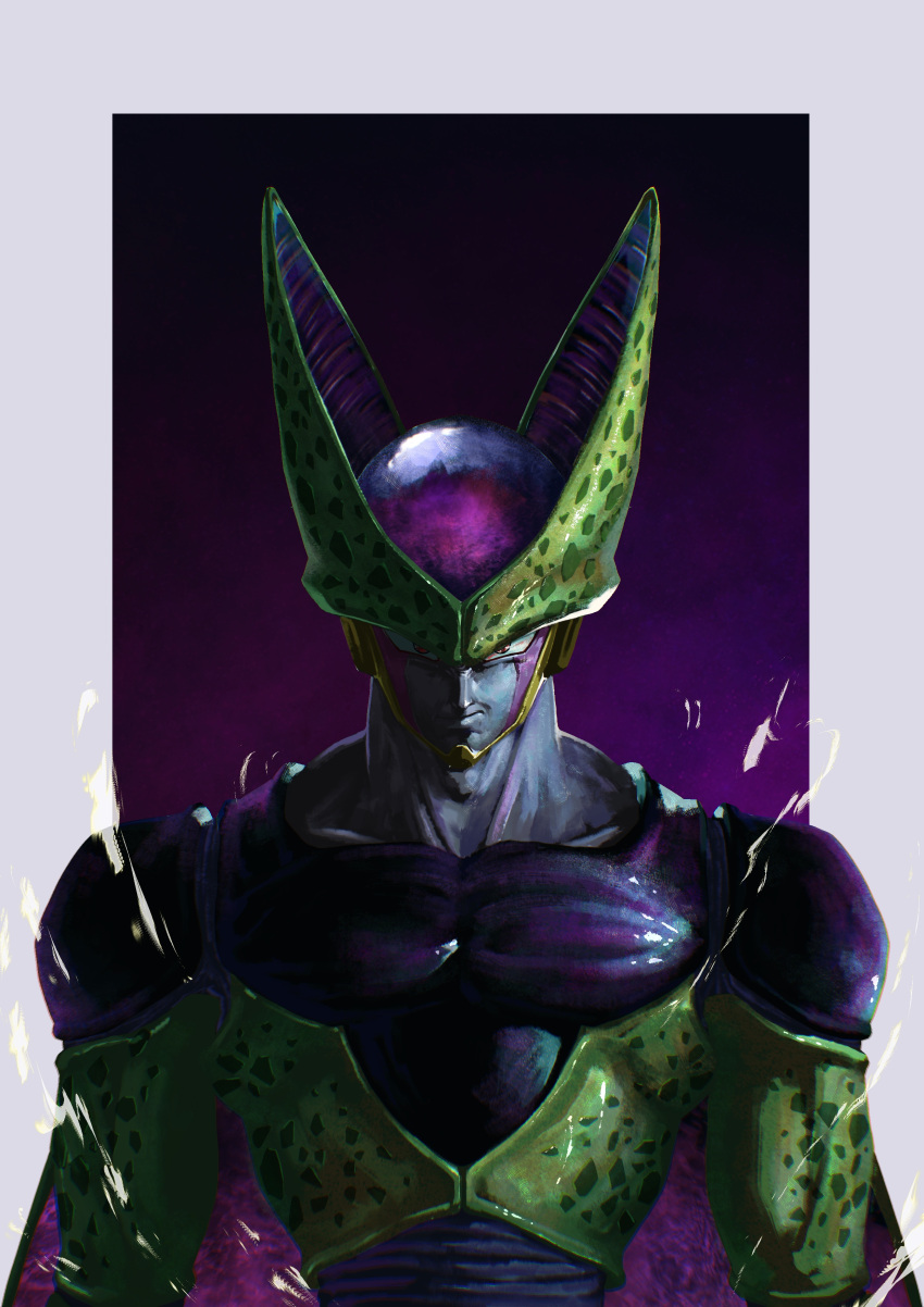 1boy, absurdres, cell_(dragon_ball), closed_mouth, collarbone, colored_skin, commentary_request, covered_pectorals, dragon_ball, dragon_ball_z, highres, lips, looking_at_viewer, male_focus, nose, outside_border, perfect_cell, purple_background, realistic, red_eyes, shaded_face, shank, solo, sparks, white_skin, wings