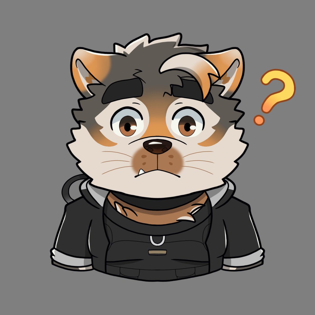 1boy, ?, animal_ears, black_jacket, black_shirt, brown_eyes, brown_fur, chibi, closed_mouth, curious, dog_boy, dog_ears, dog_nose, english_commentary, fang, grey_background, highres, hood, hooded_jacket, jacket, live_a_hero, looking_at_viewer, shirt, sterio_(live_a_hero), thick_eyebrows, whiskers, yojanmarrion