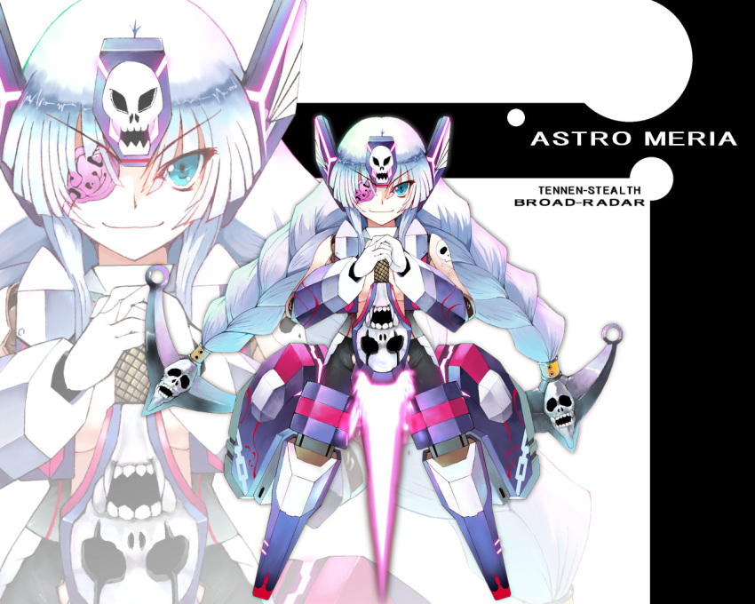 aqua_eyes, astro_meria, astromeria, braid, breasts, cosmic_break, energy_sword, eyepatch, gloves, hair_ornament, long_hair, mecha_musume, sideboob, skull, smile, solo, standing, sts, sword, twin_braids, weapon, zoom_layer