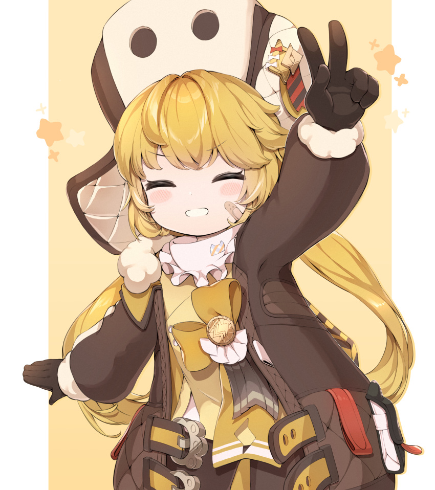 1girl, absurdres, arm_up, blonde_hair, blush_stickers, brown_coat, brown_gloves, child
