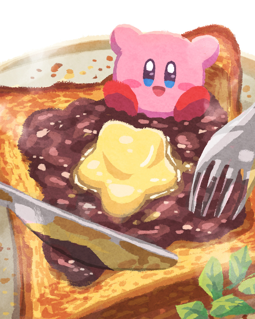 bread, bread_slice, butter, food, food_focus, fork, highres, kirby, kirby_(series), knife, miclot, no_humans, ogura_toast_(food), open_mouth, red_bean_paste, solo, toast