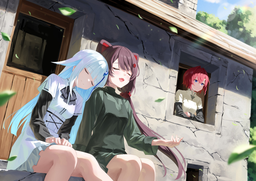3girls, absurdres, ange_katrina, animal_ears, blue_eyes, blue_hair, blush, breasts