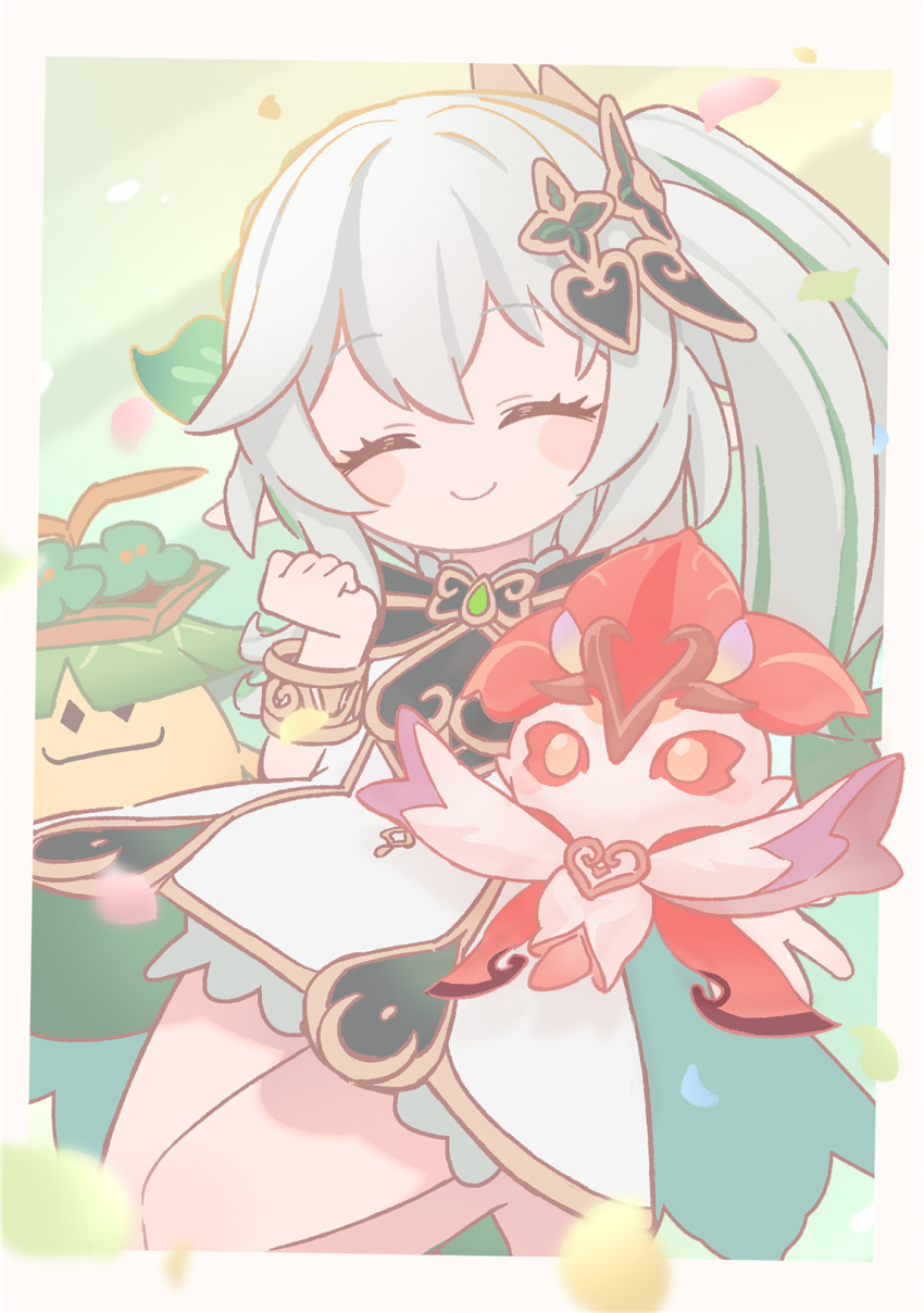 1girl, ^_^, aranara_(genshin_impact), bare_shoulders, blush, bracelet, closed_eyes, closed_mouth