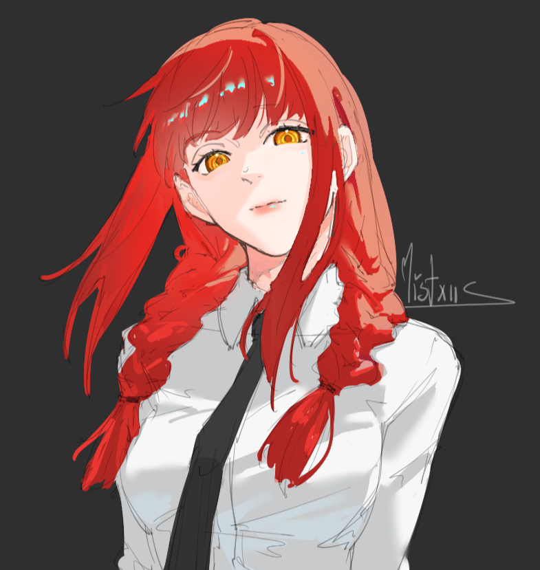 1girl, black_necktie, braid, chainsaw_man, closed_mouth, collared_shirt, grey_background, long_hair, makima_(chainsaw_man), mistxii, necktie, redhead, shirt, solo, twin_braids, white_shirt