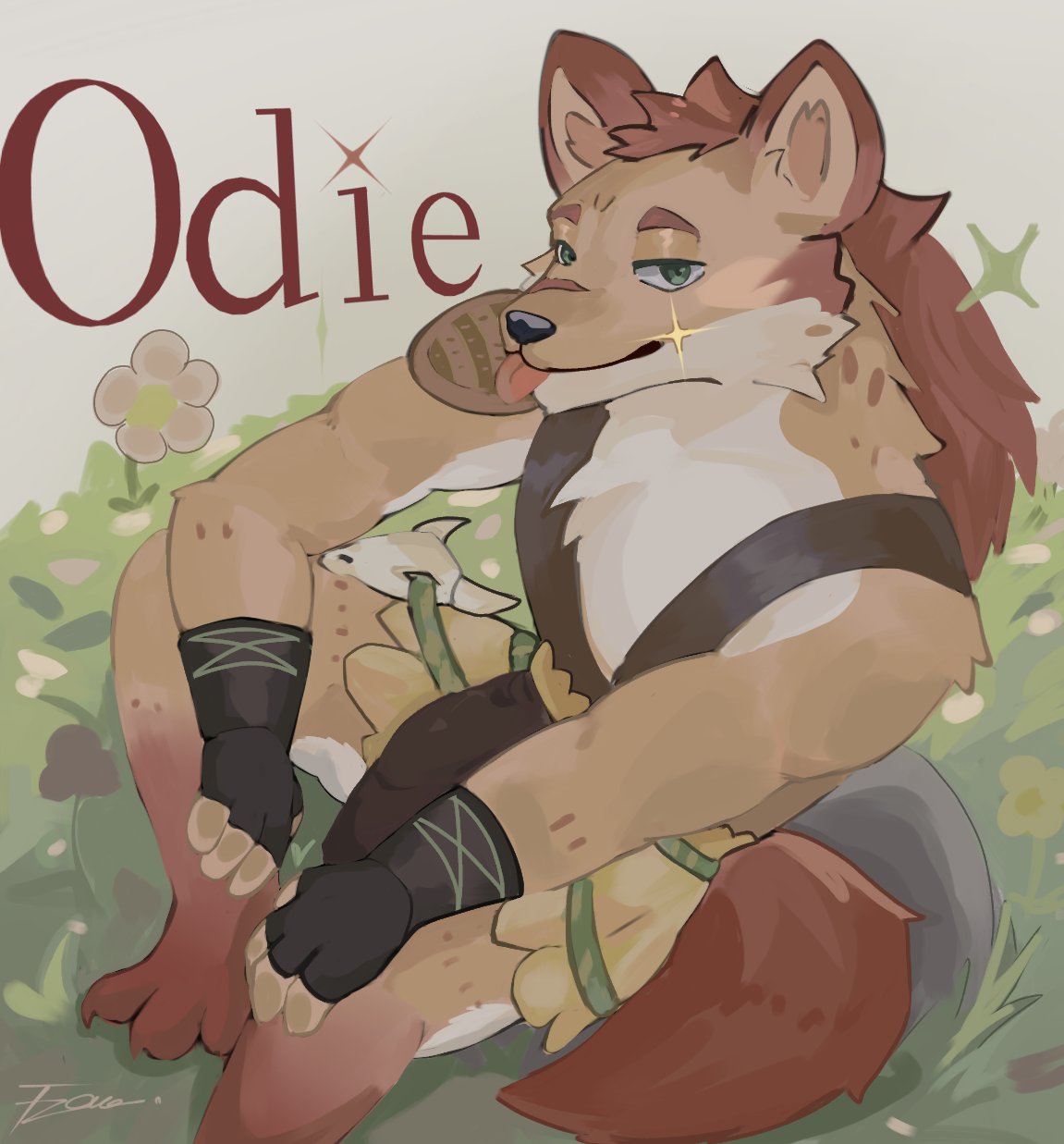 1boy, afk_(series), afk_journey, barefoot, character_name, claws, fingerless_gloves, furry, furry_male, gloves, highres, hyena_boy, hyena_ears, hyena_tail, loincloth, looking_at_viewer, male_focus, mane, odie_(afk), orange_fur, orange_hair, signature, single_shoulder_pad, sitting, smile, sparkle, stnpxts, strap, tongue, tongue_out