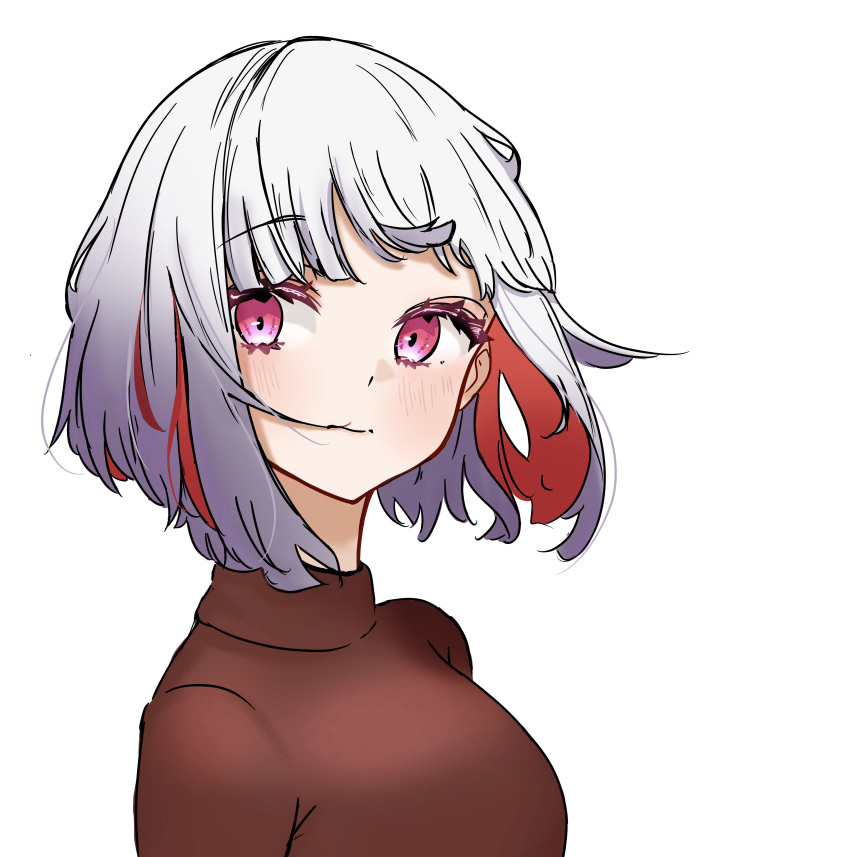1girl, 3:, absurdres, blush, bob_cut, breasts, brown_sweater, casual