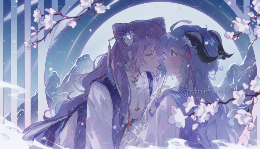 2girls, alternate_costume, bijia, branch, cat_ear-shaped_hair, chinese_clothes, chinese_hairpin, flower