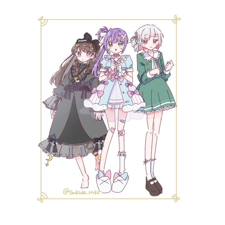 3girls, :o, animal_slippers, arms_at_sides, bandaid, bandaid_hair_ornament, bandaid_on_leg, barefoot