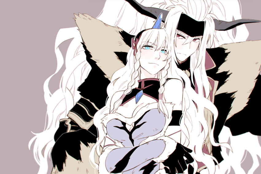 1boy, 1girl, bare_shoulders, big_hair, blue_eyes, braid, brown_background, cleavage_cutout