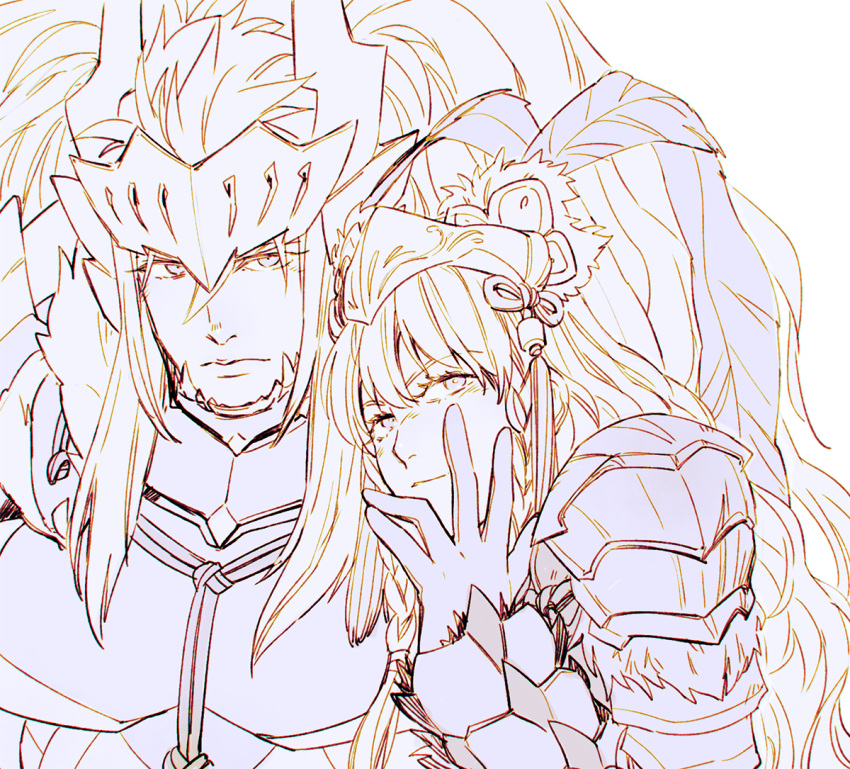 1boy, 1girl, armor, company_connection, frown, hand_on_own_face, khirzava, kyougoku_maria_(sengoku_basara)