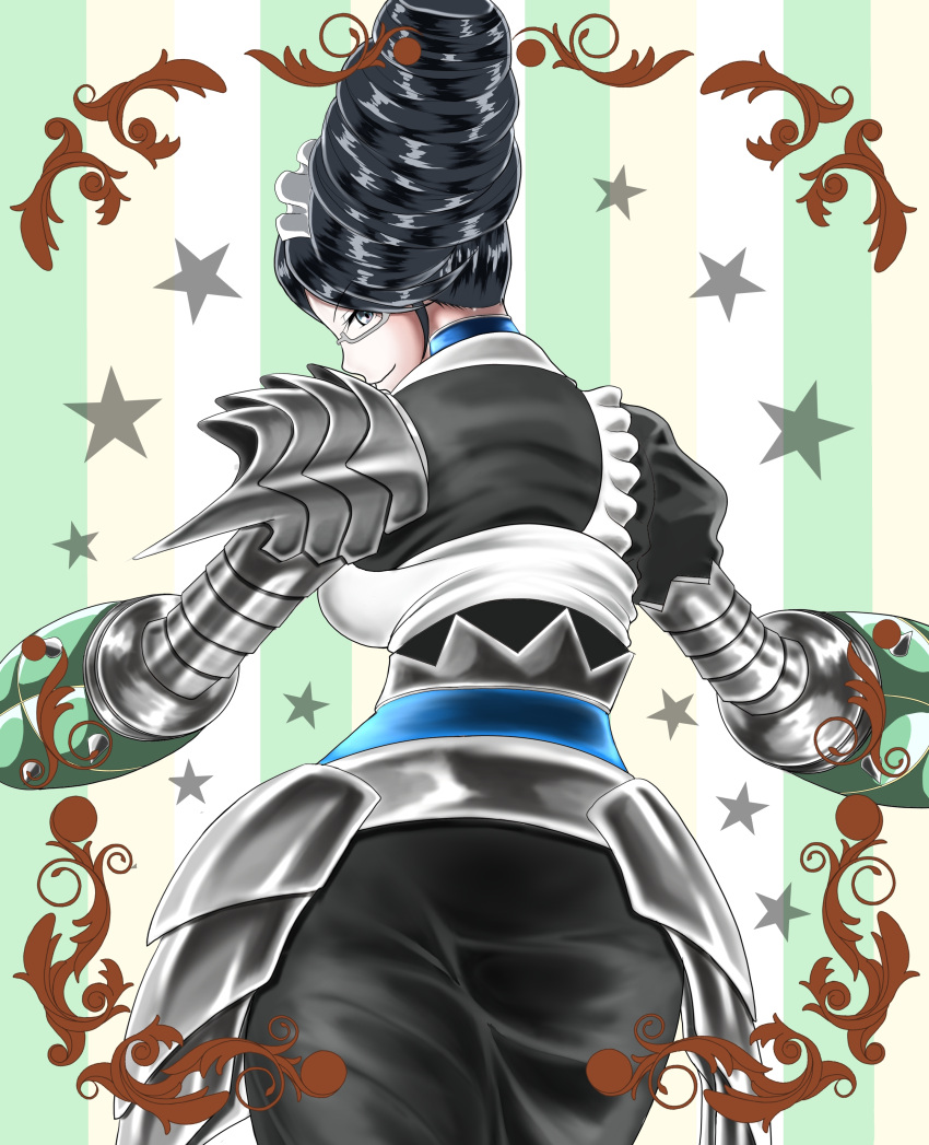 1girl, absurdres, armor, armored_dress, ass, black_dress, black_eyes, black_hair, blue_choker, choker, dress, glasses, hair_bun, highres, hinatsuryu_genji, looking_back, maid, maid_headdress, overlord_(maruyama), smile, solo, yuri_alpha