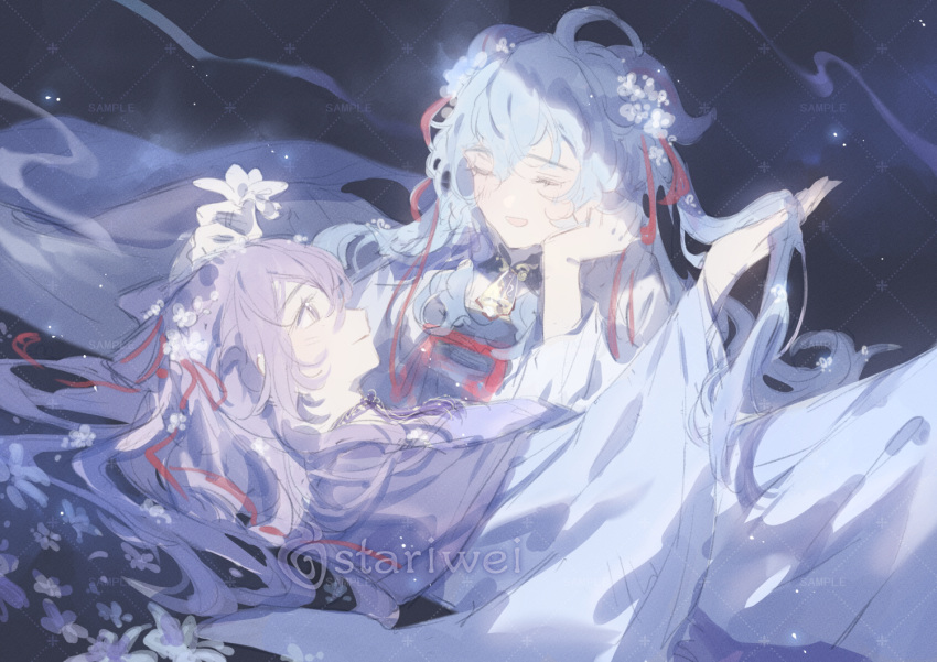 2girls, ahoge, alternate_costume, banbi, blue_hair, chinese_clothes, dutch_angle, flower