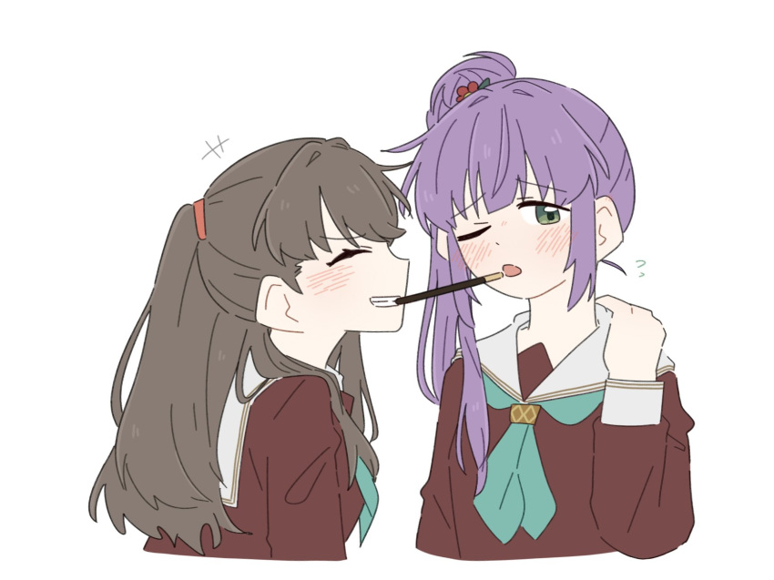 +++, 2girls, ;o, aqua_neckerchief, averting_eyes, blush, brown_dress, brown_hair