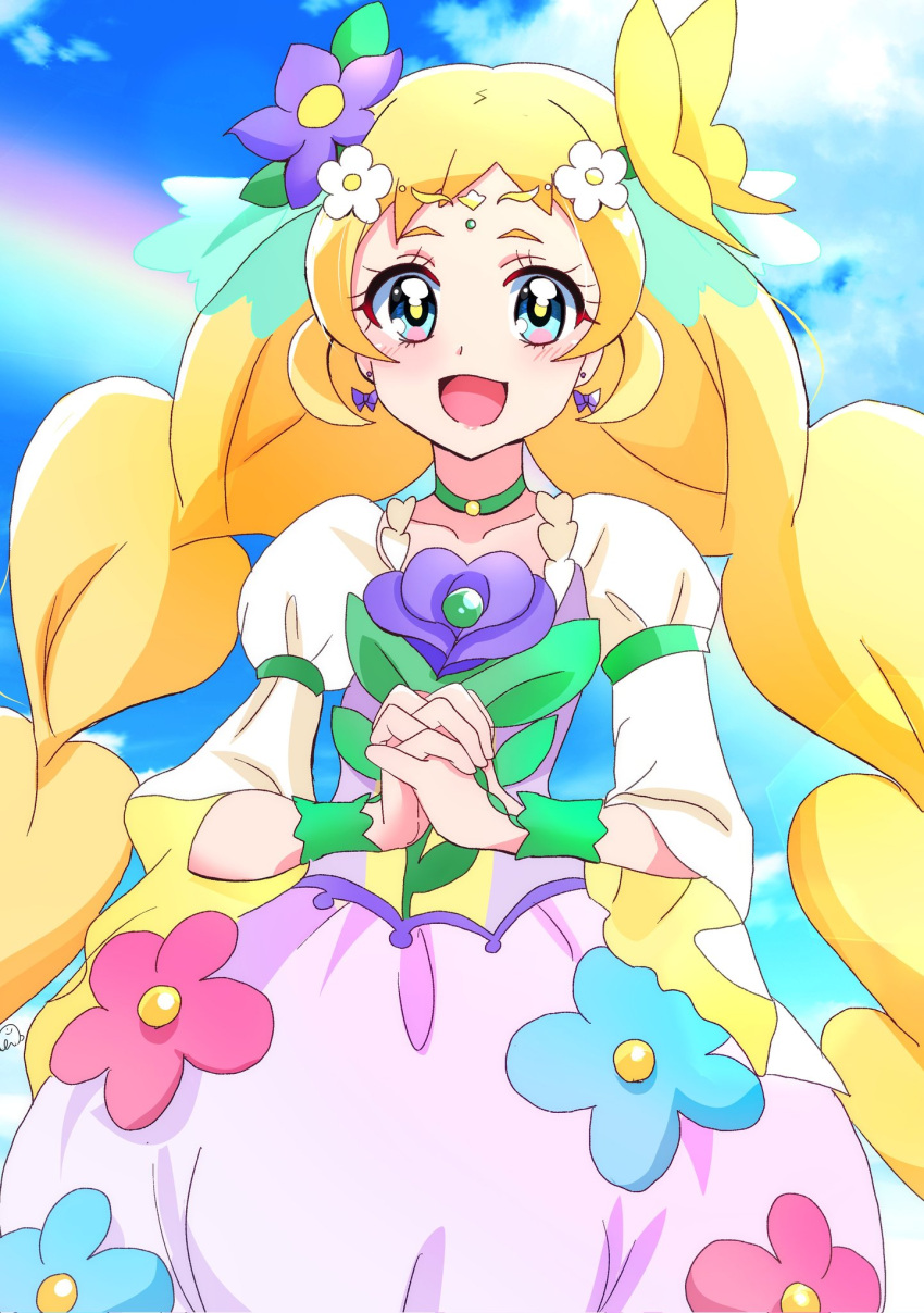 1girl, :d, alternate_color, blonde_hair, blue_eyes, blue_sky, blush, bow
