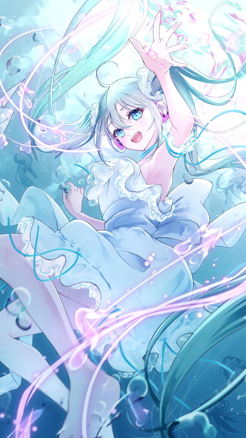 1girl, absurdly_long_hair, absurdres, ahoge, air_bubble, alternate_costume, aqua_hair, aqua_ribbon