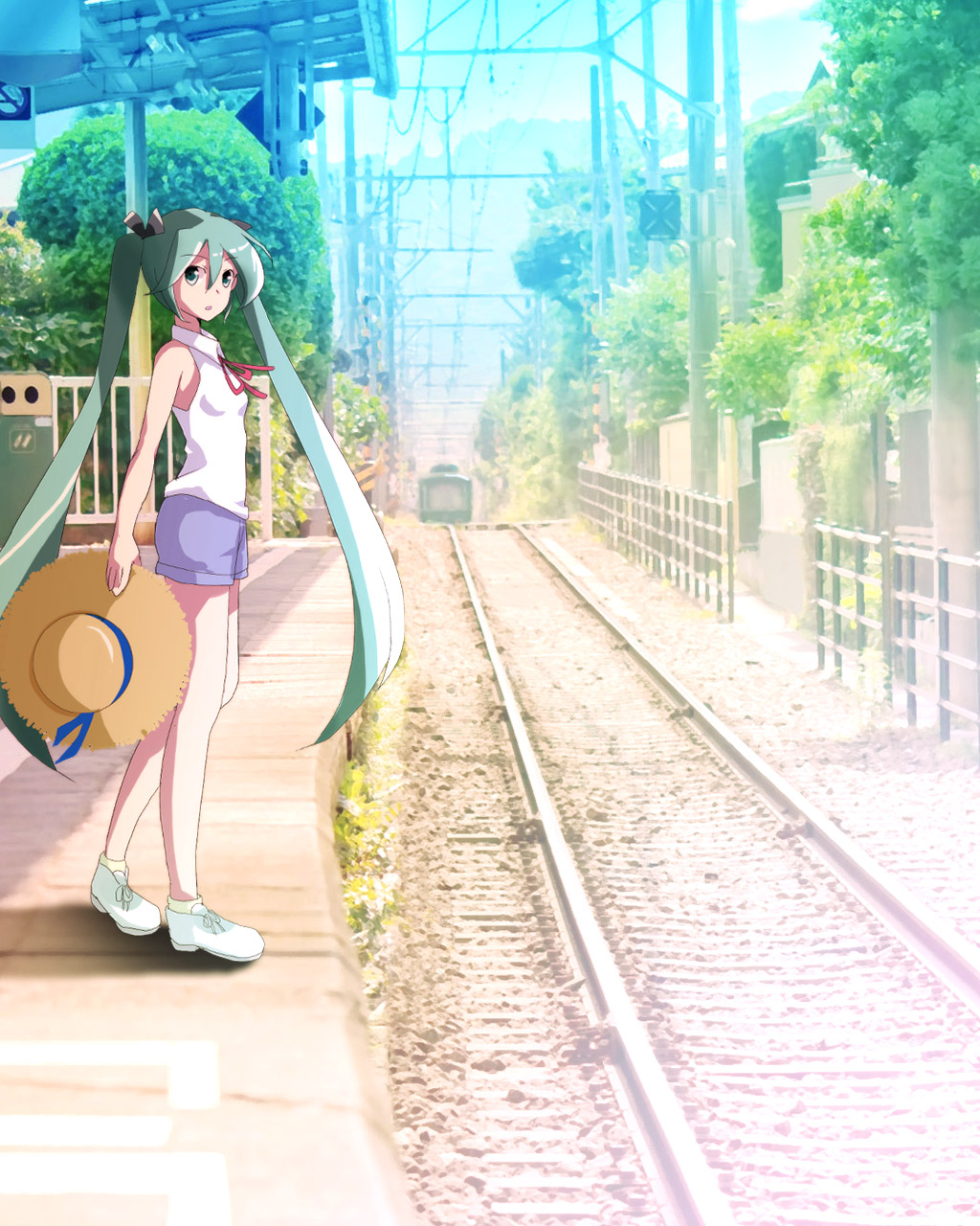 1girl, aqua_eyes, aqua_hair, blue_shorts, breasts, collared_shirt, commentary_request, full_body