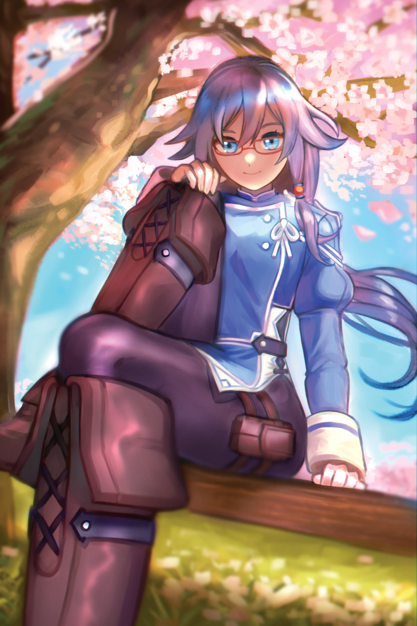1girl, blue_eyes, blue_hair, boots, brown_bag, brown_footwear, cherry_blossoms, chinese_clothes