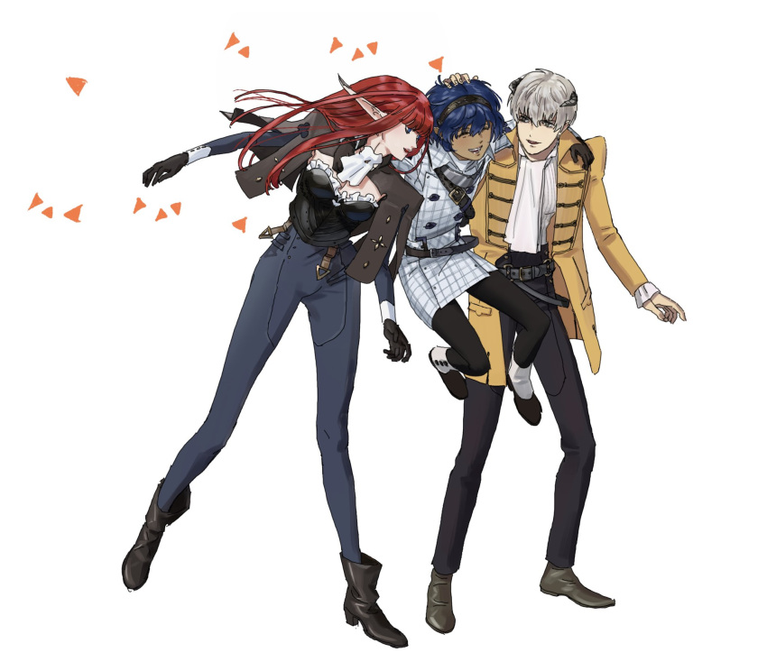 1girl, 2boys, ankle_cuffs, arm_around_shoulder, ascot, belt, belt_buckle, black_belt