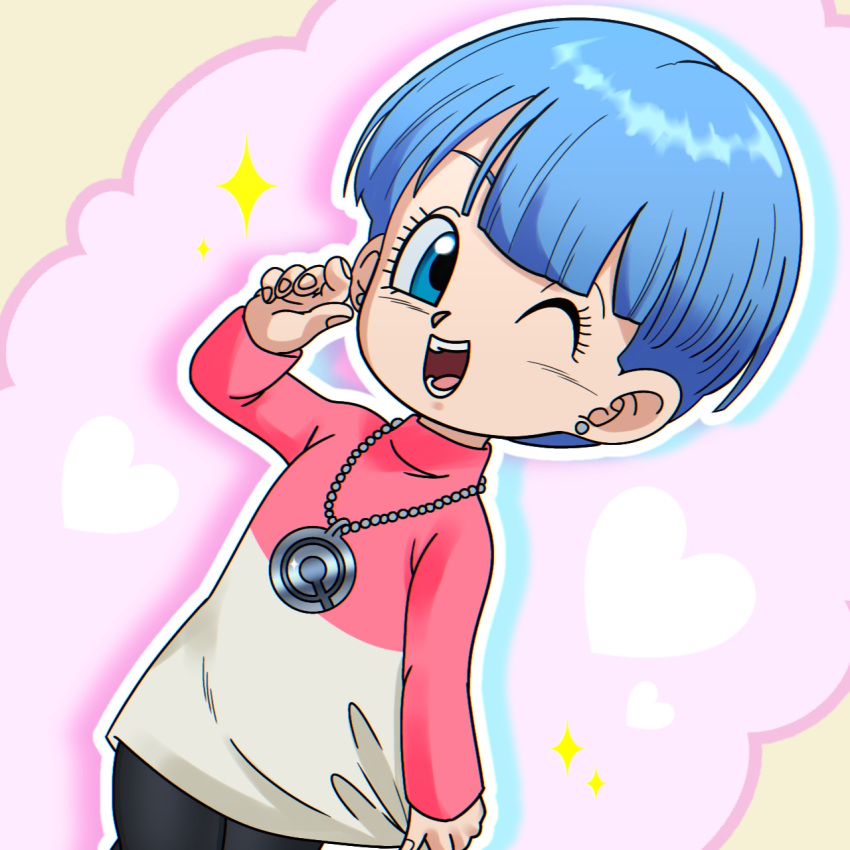1girl, ;d, aged_down, black_pants, blue_eyes, blue_hair, blunt_bangs, bulma