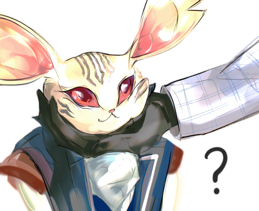 2boys, :3, ?, black_gloves, blue_vest, cheek_squash, colored_skin, commentary_request, facial_mark, gloves, hand_on_another's_chin, heehoouttau, heismay_(metaphor:_refantazio), highres, korean_commentary, long_sleeves, male_focus, metaphor:_refantazio, multiple_boys, patterned_clothing, pointy_ears, protagonist_(metaphor:_refantazio), red_eyes, shirt, simple_background, solo_focus, upper_body, vest, white_background, white_shirt, white_skin