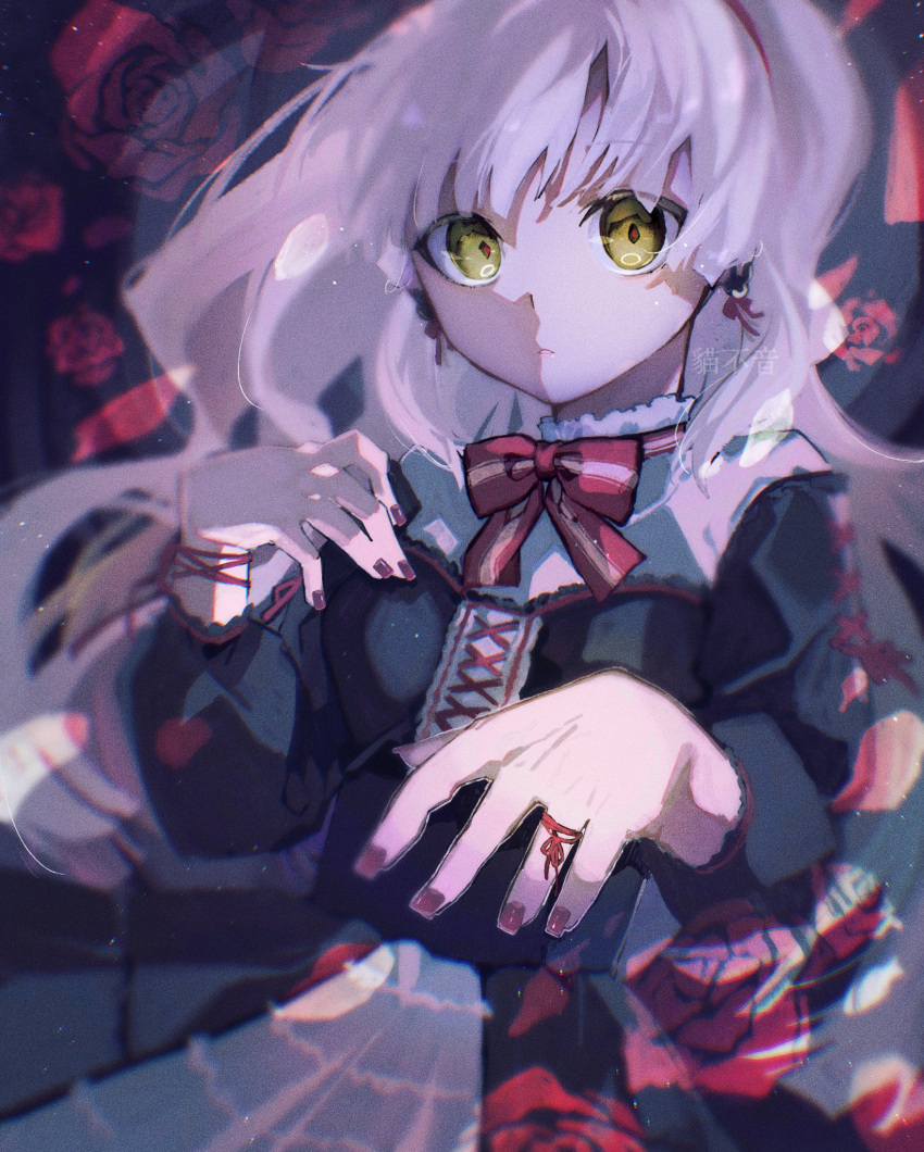 1girl, artist_name, black_dress, blonde_hair, blurry, commentary_request, dress, highres