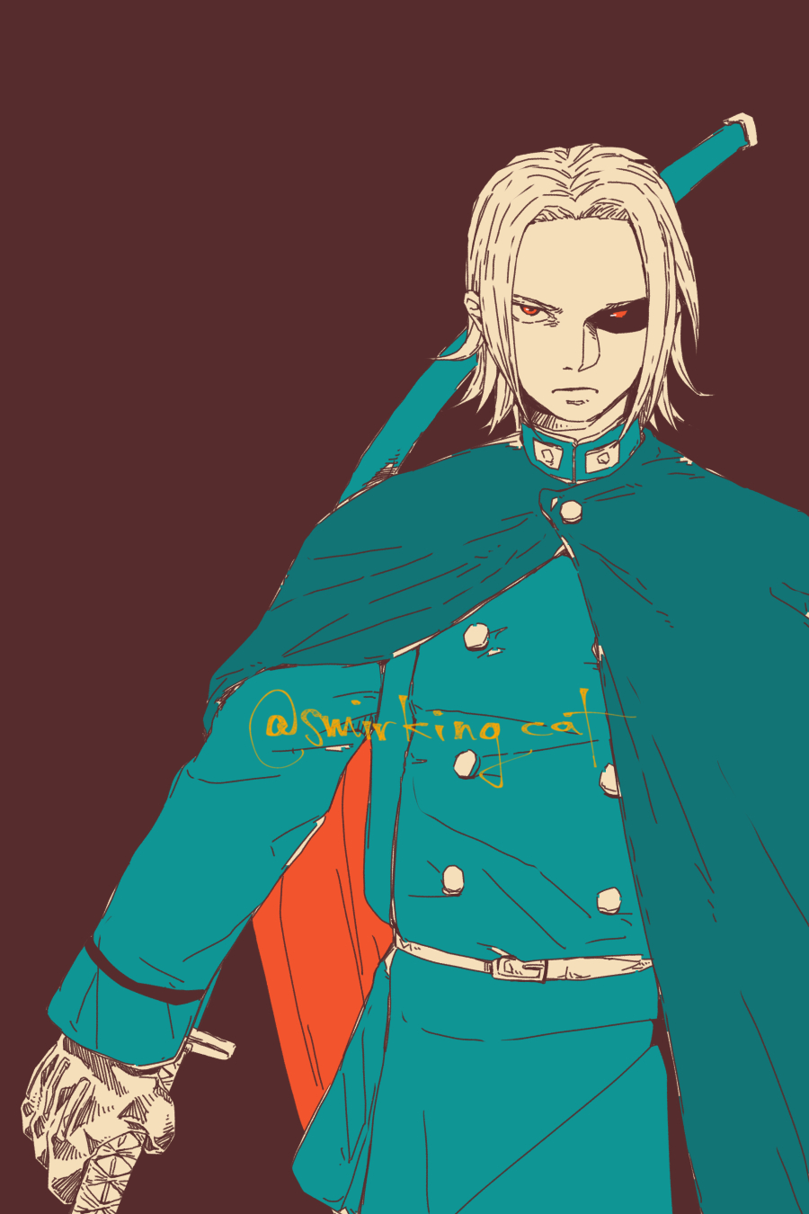 1boy, akatsuki_blitzkampf, cape, coat, dark_background, en-eins_kanzen_sekai, glowing, glowing_eye