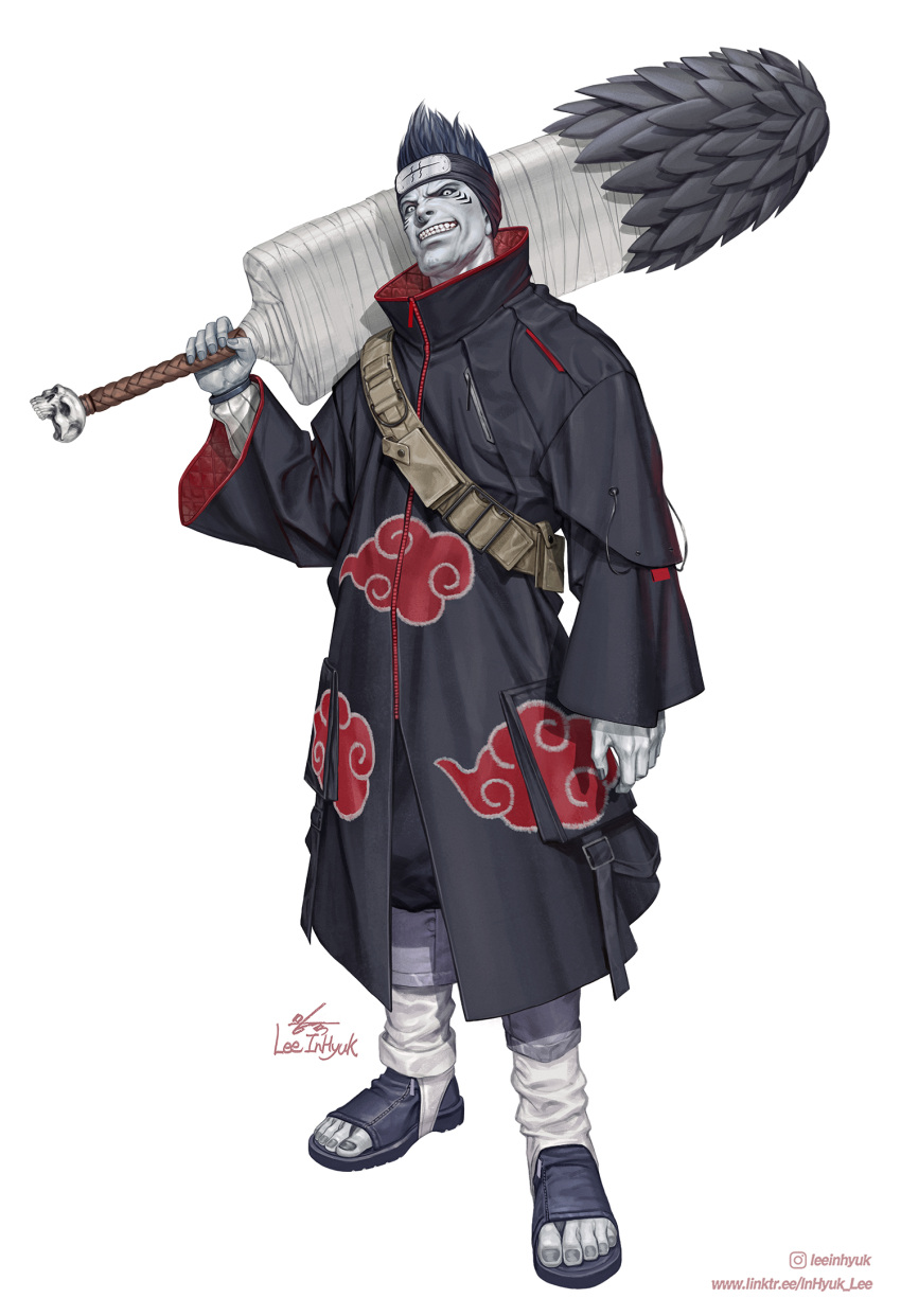 1boy, akatsuki_uniform, black_robe, cloud_print, colored_skin, forehead_protector, full_body, grey_skin