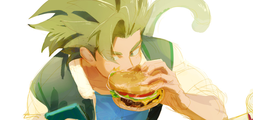 1boy, black_eyes, black_hair, black_jacket, blue_shirt, burger, cellphone, commentary_request