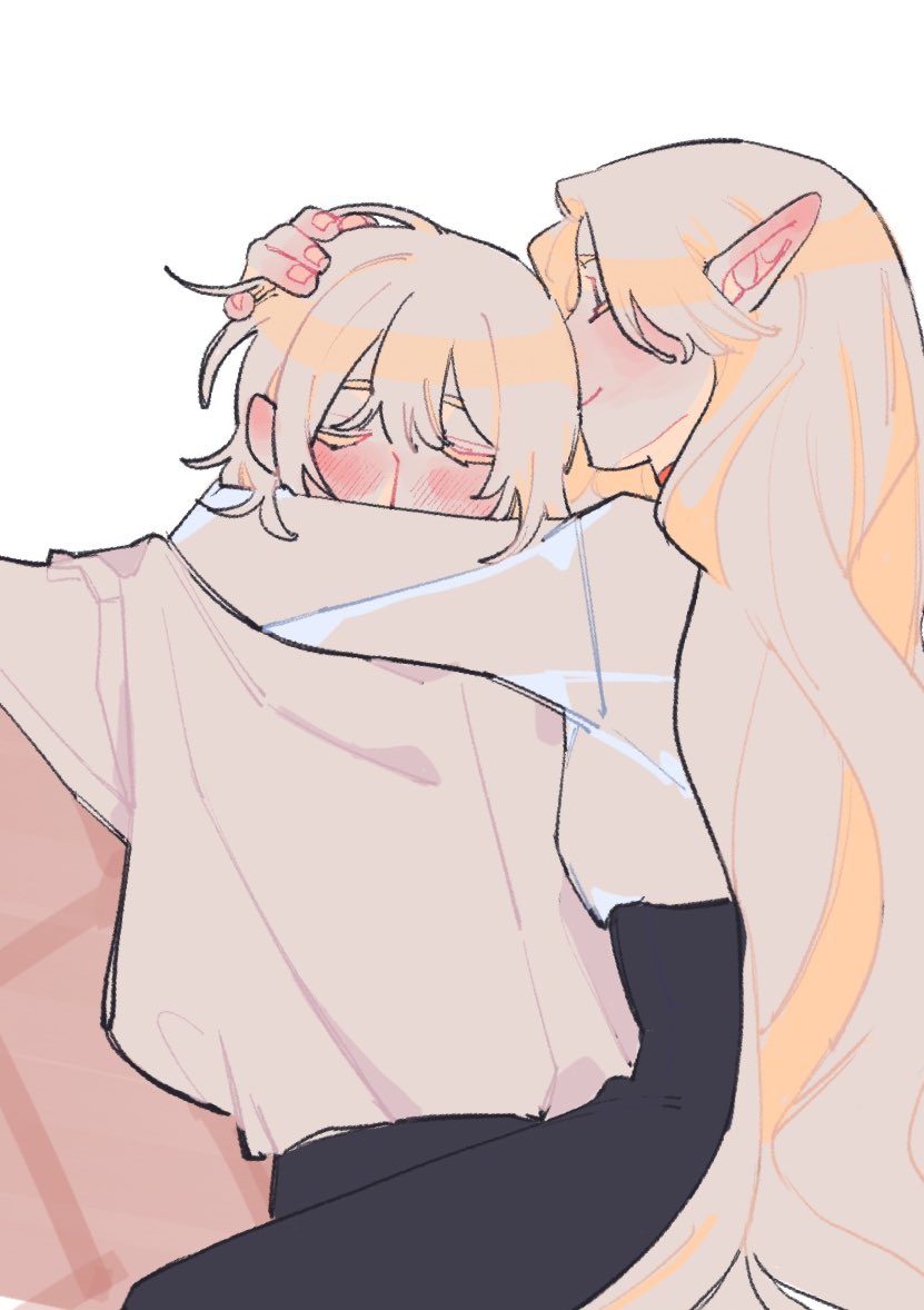 2girls, arms_around_neck, black_pants, blonde_hair, blush, closed_eyes, closed_mouth, commentary, dohwa110, dungeon_meshi, elf, english_commentary, falin_touden, falin_touden_(tallman), hand_on_another's_head, long_hair, long_sleeves, marcille_donato, multiple_girls, pants, pointy_ears, shirt, short_hair, simple_background, sitting, sitting_on_lap, sitting_on_person, smile, white_background, white_shirt, yuri