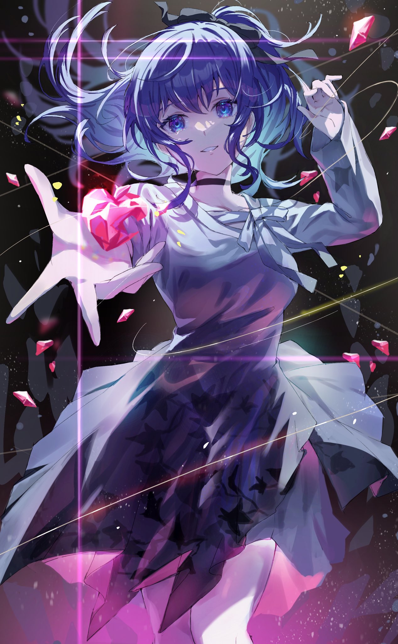 1girl, 25-ji_nightcord_de._(project_sekai), asahina_mafuyu, blurry, blurry_foreground, dark_background, floating_hair, glowing