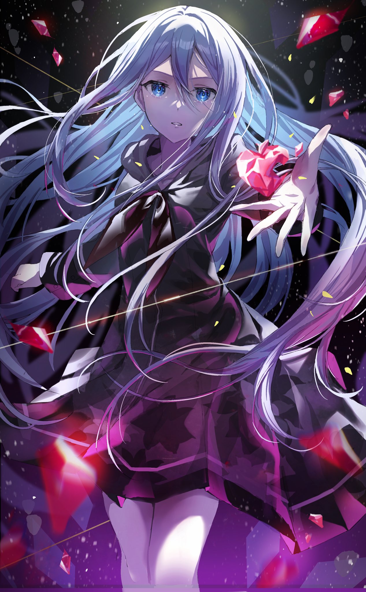 1girl, 25-ji_nightcord_de._(project_sekai), blurry, blurry_foreground, dark_background, floating_hair, glowing, grey_serafuku