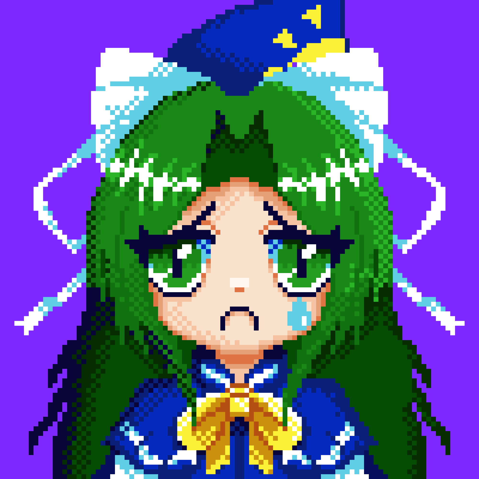 blue_capelet, bow, bowtie, capelet, crying, frown, green_eyes, green_hair