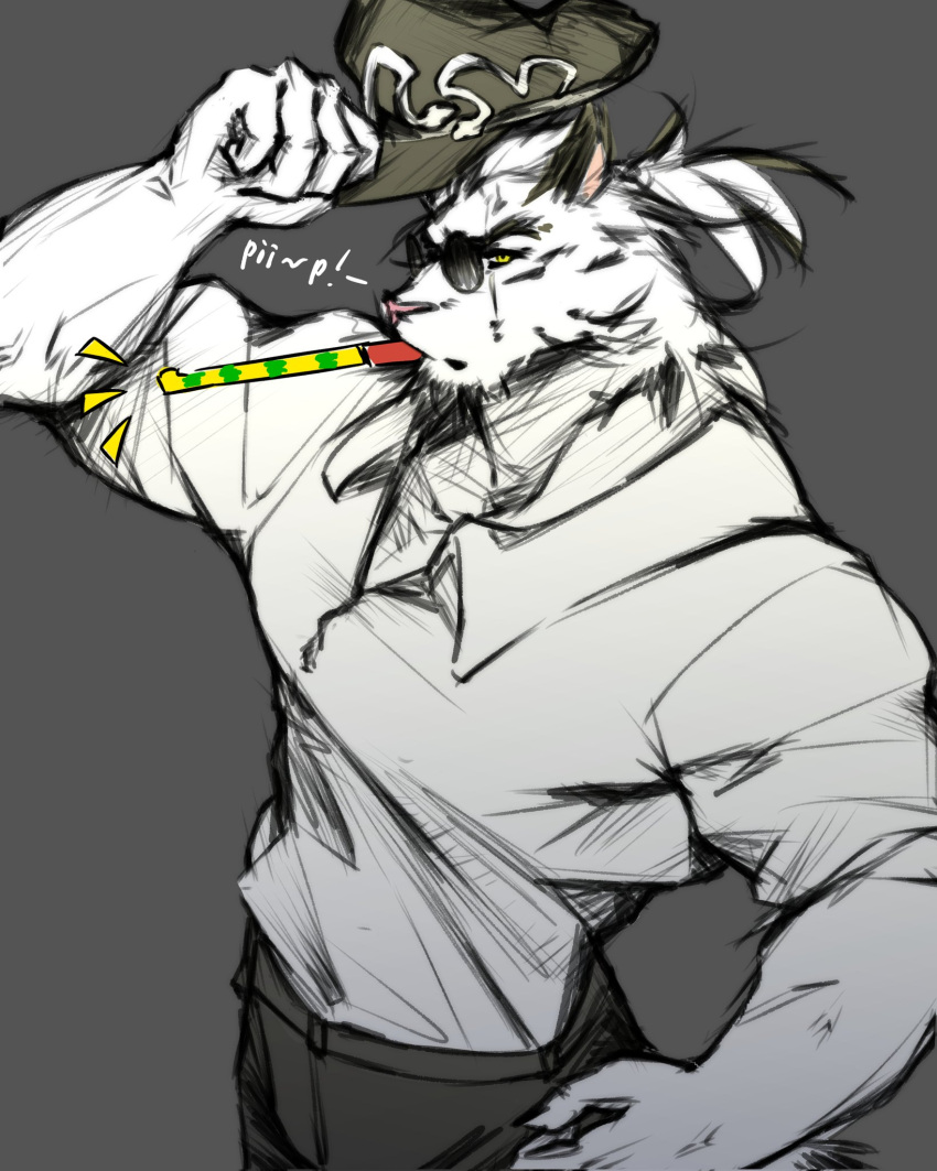 1boy, animal_ears, black_pants, claws, dislyte, english_commentary, english_text, furry