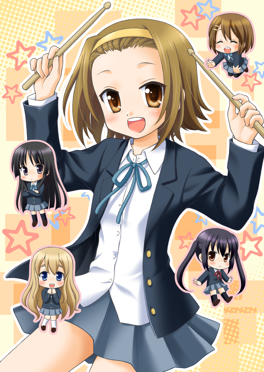 brown_eyes, brown_hair, chibi, drumsticks, highres, hirasawa_yui, k-on!, kotobuki_tsumugi, miki_meguri, nakano_azusa, pantyhose, school_uniform, short_hair, tainaka_ritsu