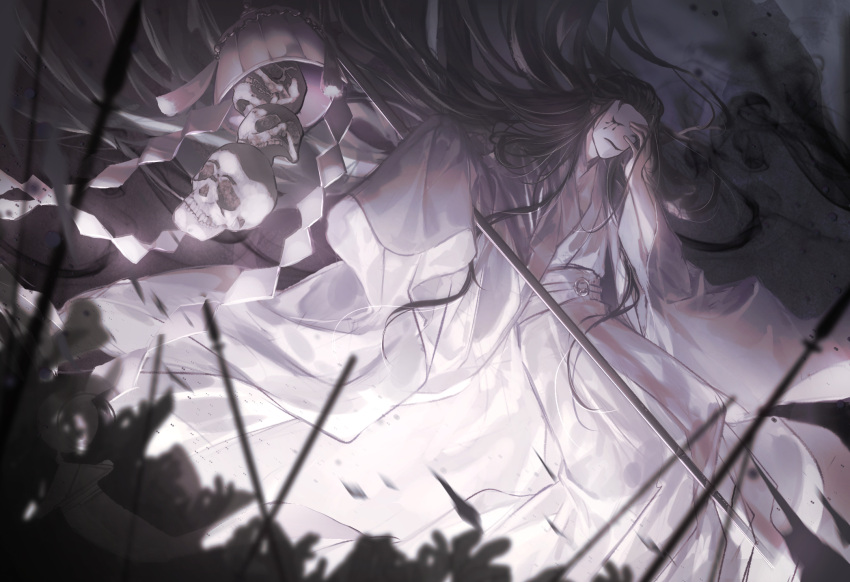1boy, arrow_(projectile), bai_wuxiang, black_hair, blurry, blurry_foreground, chinese_clothes, commentary