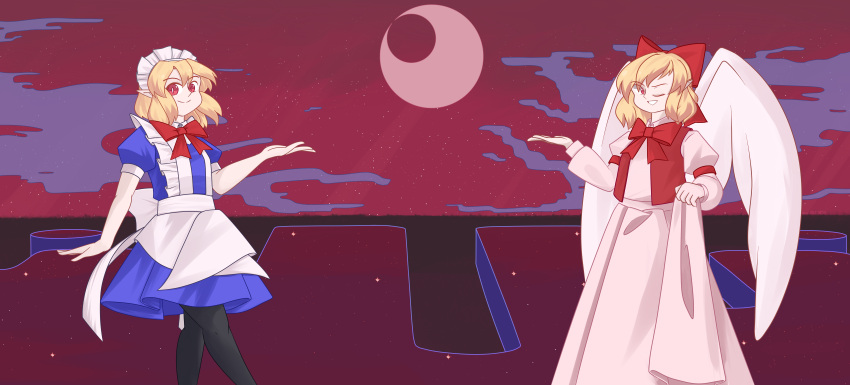 2girls, absurdres, angel_wings, apron, blonde_hair, blue_dress, bow, clouds, dream_world_(touhou), dress, feathered_wings, gengetsu_(touhou), hair_bow, highres, lotus_land_story, maid, maid_headdress, moon, mugetsu_(touhou), multiple_girls, red_bow, red_eyes, siblings, sisters, star_(sky), toast_(artist), touhou, touhou_(pc-98), white_wings, wings