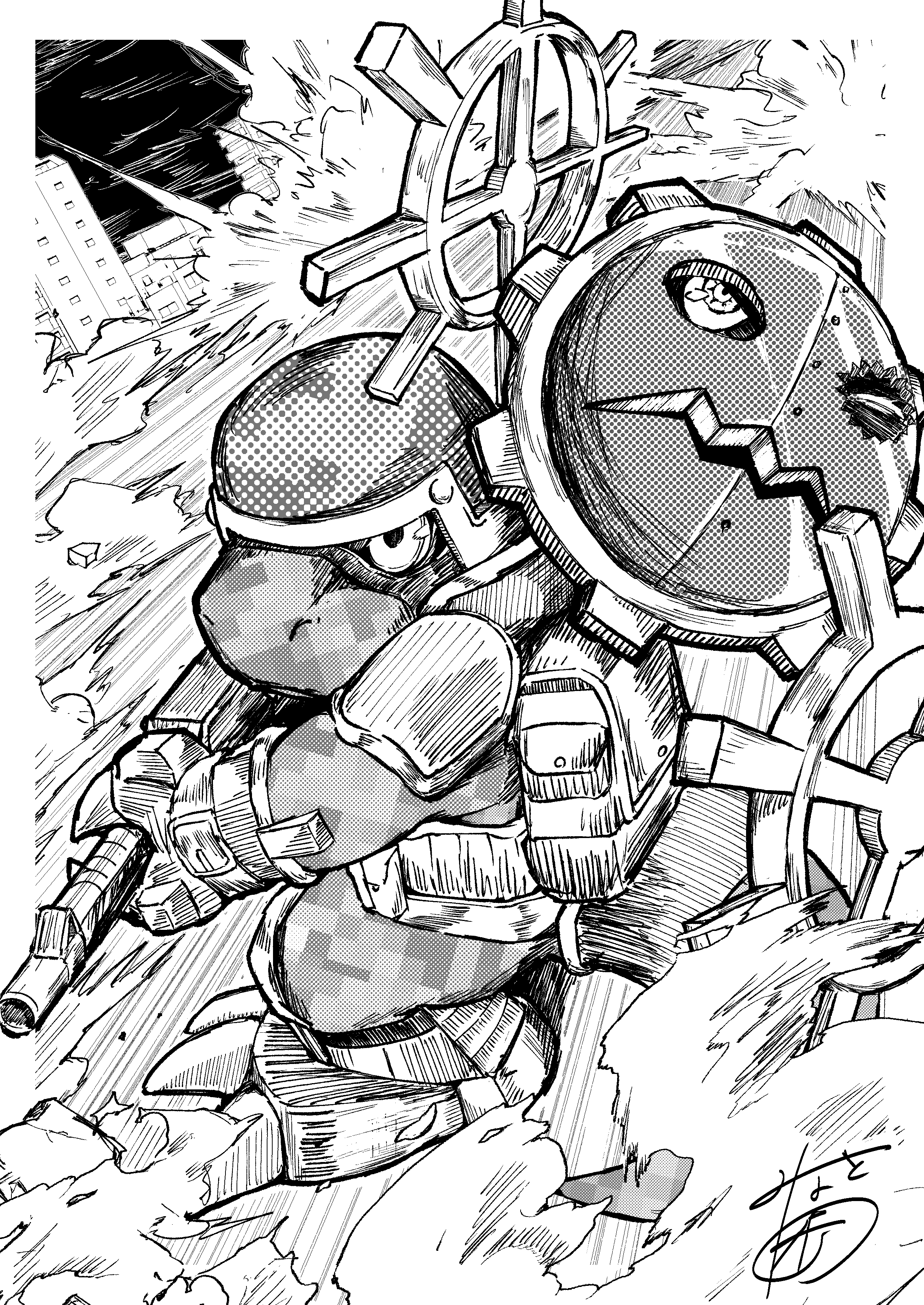 absurdres, assault_rifle, ayumuminato, commandramon, digimon, digimon_(creature), dinosaur, explosion