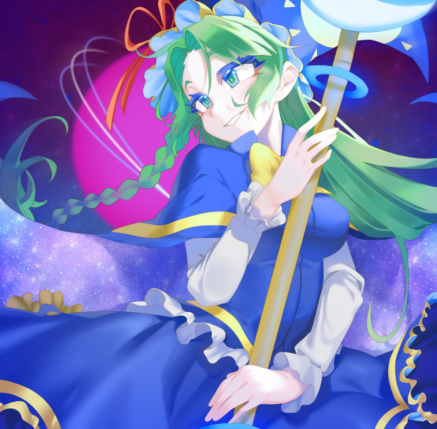 1girl, blue_capelet, bow, bowtie, breasts, cairng0rm, capelet, crescent, dress, ghost_tail, green_eyes, green_hair, hair_bow, hat, highres, holding, holding_staff, long_hair, long_sleeves, mima_(touhou), open_mouth, plaid_clothes, plaid_vest, red_background, ribbon, simple_background, smile, solo, staff, sun_print, sun_symbol, touhou, touhou_(pc-98), vest, witch_hat, wizard_hat, yellow_bow, yellow_bowtie