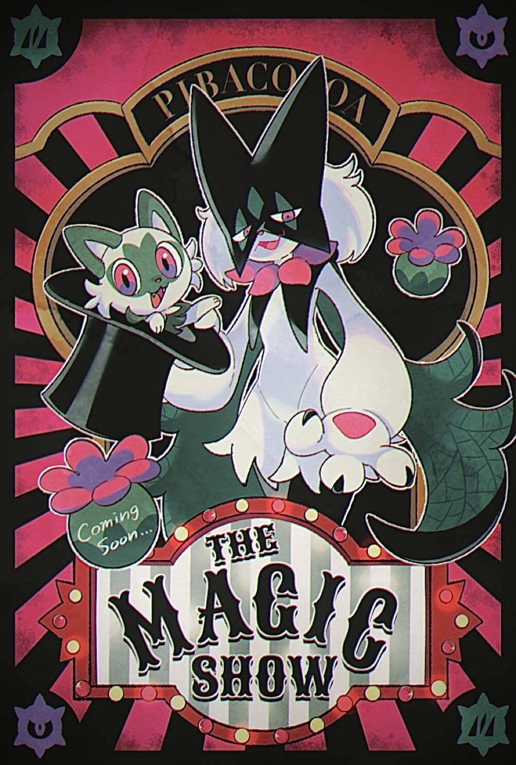artist_name, black_hat, black_mask, english_text, green_fur, hat, highres, holding, holding_hat, holding_unworn_clothes, looking_at_another, looking_at_viewer, meowscarada, pibaco, pink_eyes, pokemon, pokemon_(creature), sprigatito, top_hat, two-tone_fur