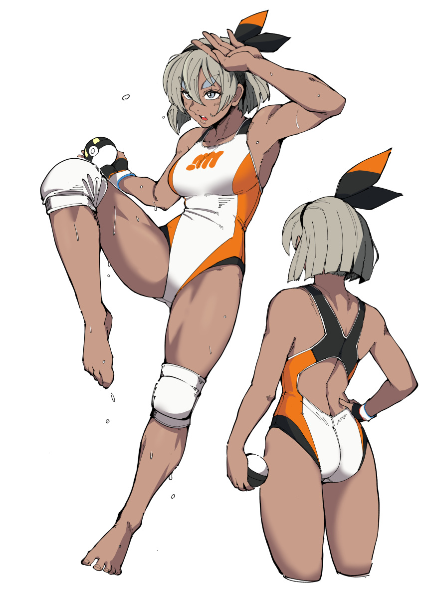 1girl, absurdres, back, bea_(pokemon), black_hairband, bow_hairband, breasts, competition_swimsuit