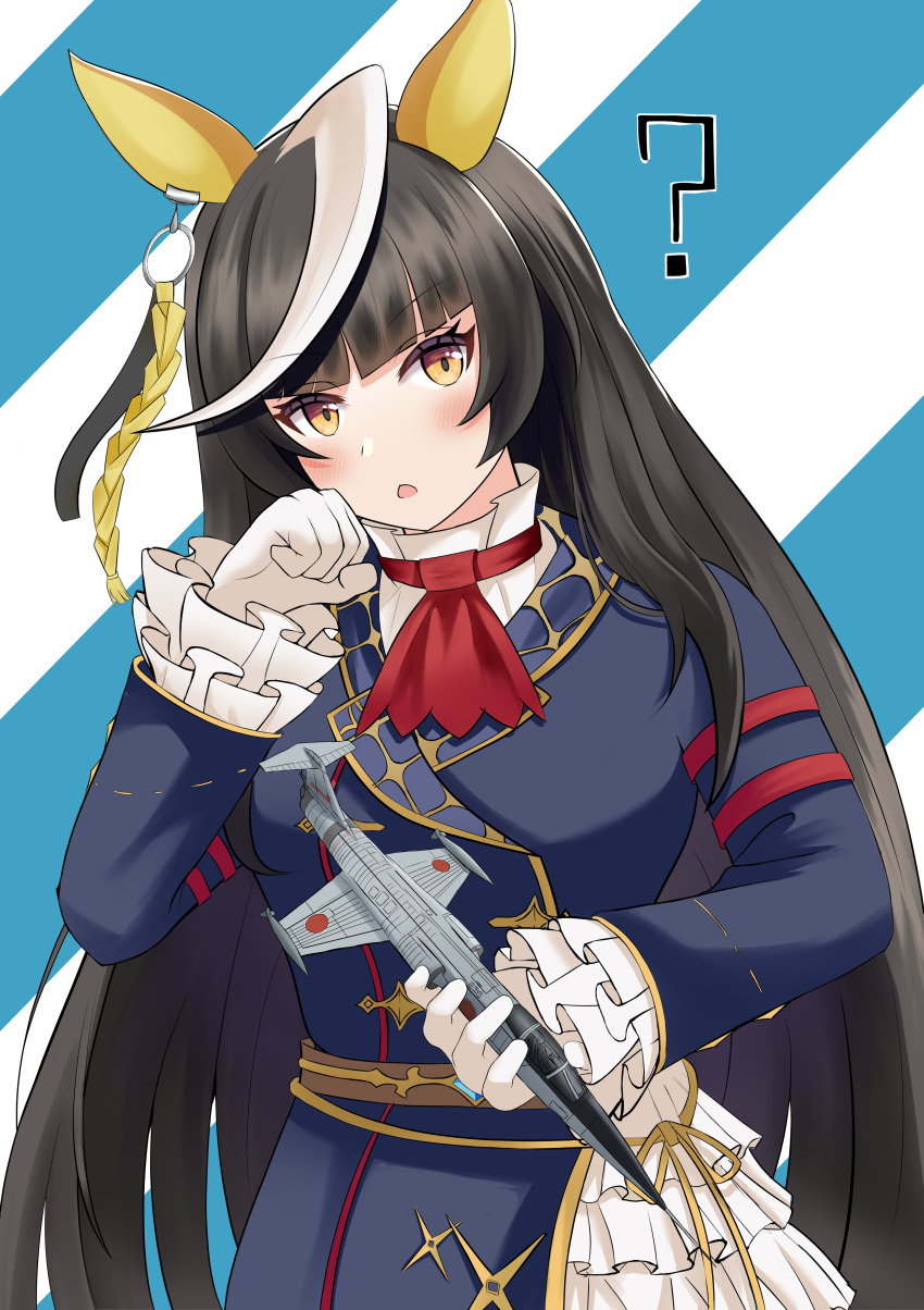 1girl, ?, absurdres, ahoge, aircraft, airplane, animal_ears, ascot