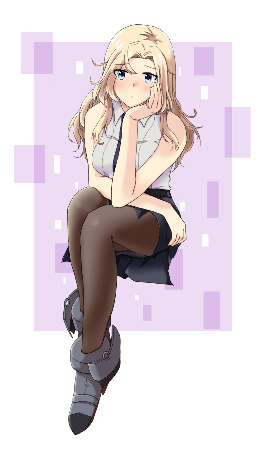 1girl, belt, black_belt, black_necktie, black_pantyhose, black_skirt, blonde_hair, blush