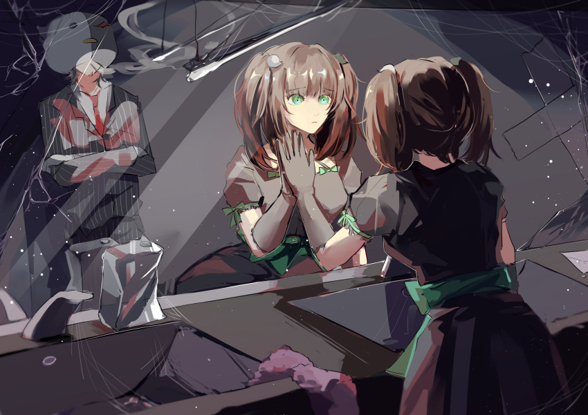 1boy, 1girl, absurdres, against_wall, alternate_costume, animal_helmet, bathroom, beard_stubble, black_dress, black_jacket, black_pants, black_suit, blazer, bow, brown_hair, ceiling_light, chinese_commentary, cigarette, closed_mouth, collared_jacket, commentary_request, covered_face, crack, cracked_glass, crossed_arms, crossed_bandaids, danganronpa_(series), danganronpa_another, dress, dress_bow, eyelashes, facial_hair, faucet, frilled_sleeves, frills, from_behind, frown, fur_scarf, gloves, green_eyes, grey_hair, hair_bobbles, hair_ornament, hand_on_mirror, hashimoto_syobai, highres, indoors, jacket, lapels, light_particles, long_hair, long_sleeves, medium_hair, monocrow, mouth_hold, nijiue_iroha, notched_lapels, pants, pink_scarf, pinstripe_pants, pinstripe_pattern, pinstripe_suit, pleated_skirt, puffy_short_sleeves, puffy_sleeves, reflection, scarf, setsuna_reed, short_dress, short_sleeves, sink, skirt, sleeve_bow, smoke, smoking, spoilers, stubble, suit, super_danganronpa_another_2, twintails, unworn_scarf, waist_bow, white_gloves, worried