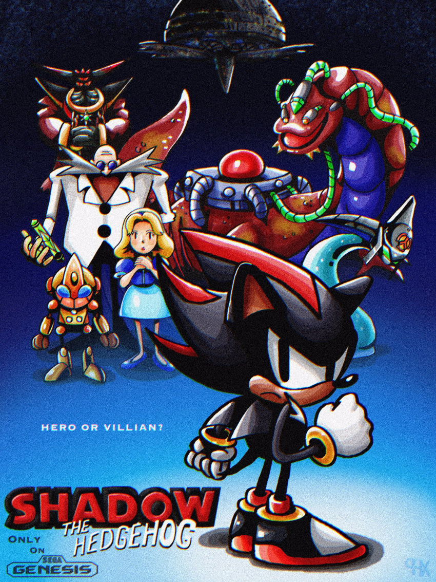1girl, alien, artificial_chaos, bald, biolizard, black_doom, blonde_hair, blue_background, blue_footwear, chaos_drive_(sonic), chaotix99x, emerl_(sonic), facial_hair, gerald_robotnik, gradient_background, grandfather_and_granddaughter, highres, horns, looking_at_viewer, maria_robotnik, mustache, own_hands_together, parody, robot, shadow_the_hedgehog, shadow_the_hedgehog_(game), sonic_(series), sonic_adventure_2, sonic_battle, sonic_the_hedgehog_(classic), space_colony_ark, standing, style_parody