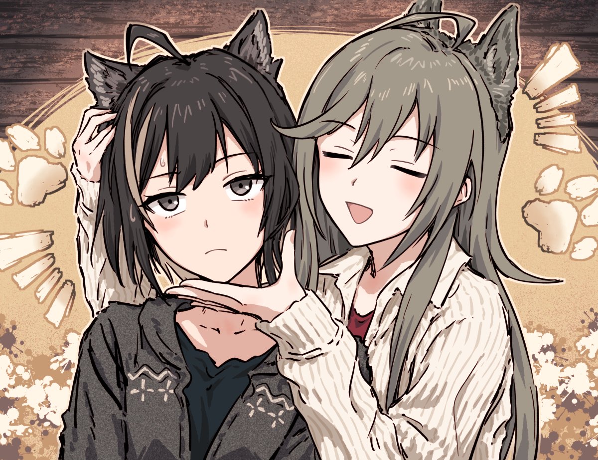 2girls, :d, ahoge, animal_ears, azai_eimi, black_hair, black_jacket, black_shirt