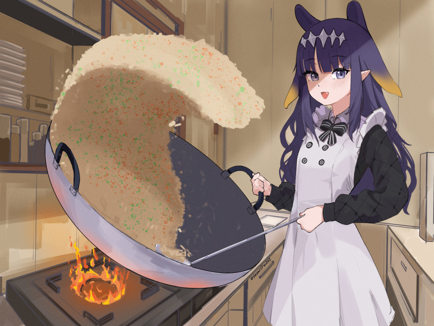 1girl, apron, black_bow, black_sleeves, blunt_bangs, bow, cooking, cowboy_shot